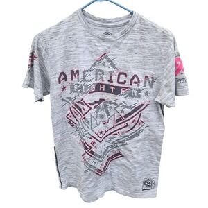American Fighter Buckle Mens Small Grey Pink Breast Cancer Awareness Graphic Tee